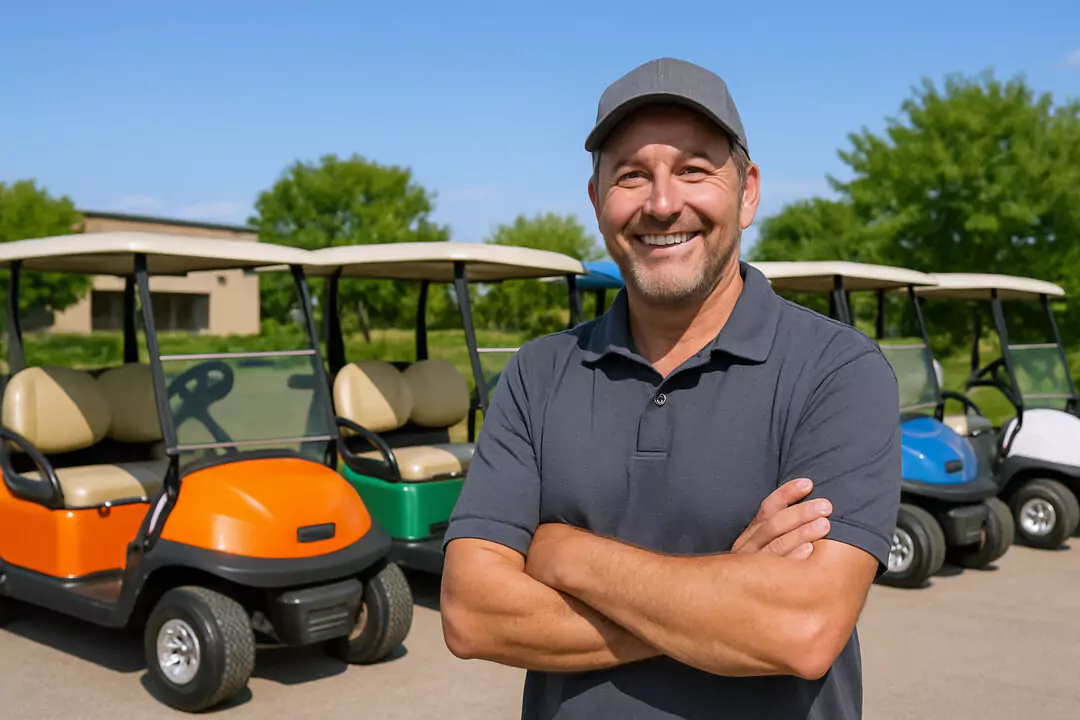 Neatly parked golf carts at a rental station.