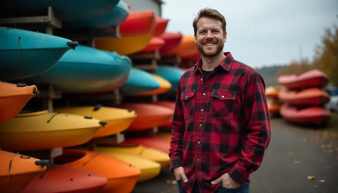 Stacked kayaks in an inviting rental business setup.