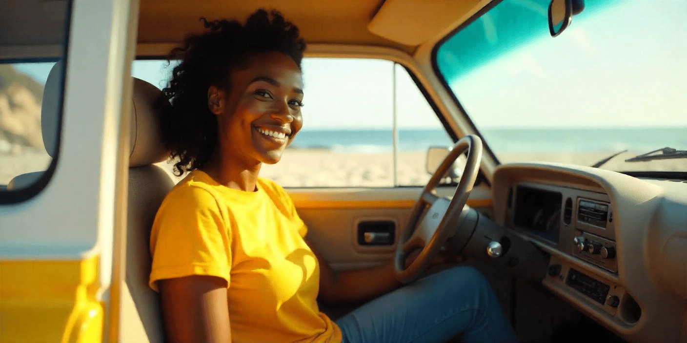 Smiling person in a van near the ocean.