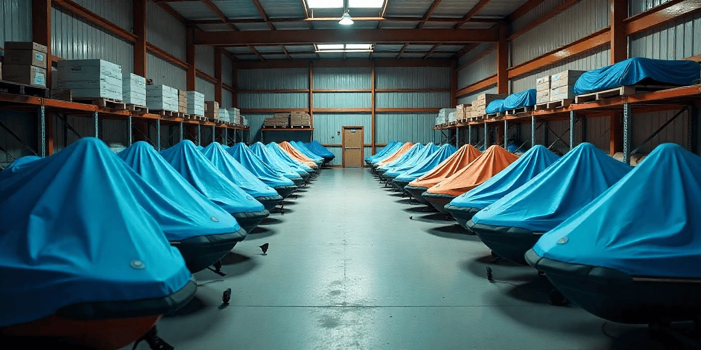 Indoor storage of jet skis for rental fleet management.