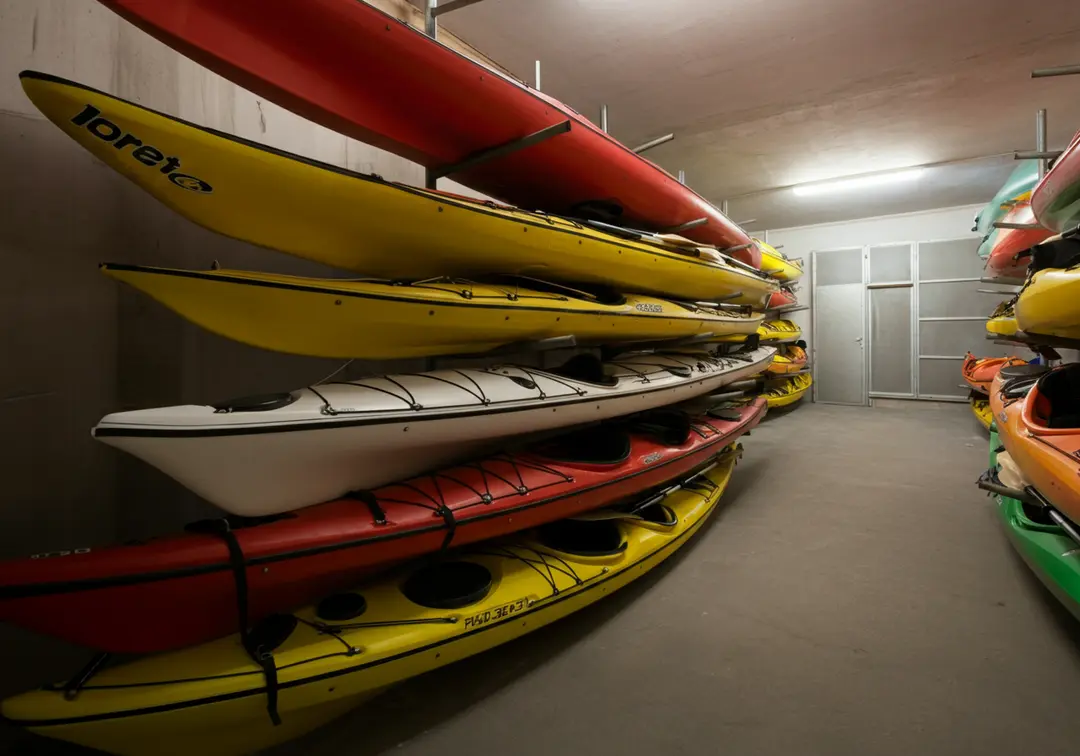 Stacked rental kayaks highlighting the importance of maintaining a diverse inventory.