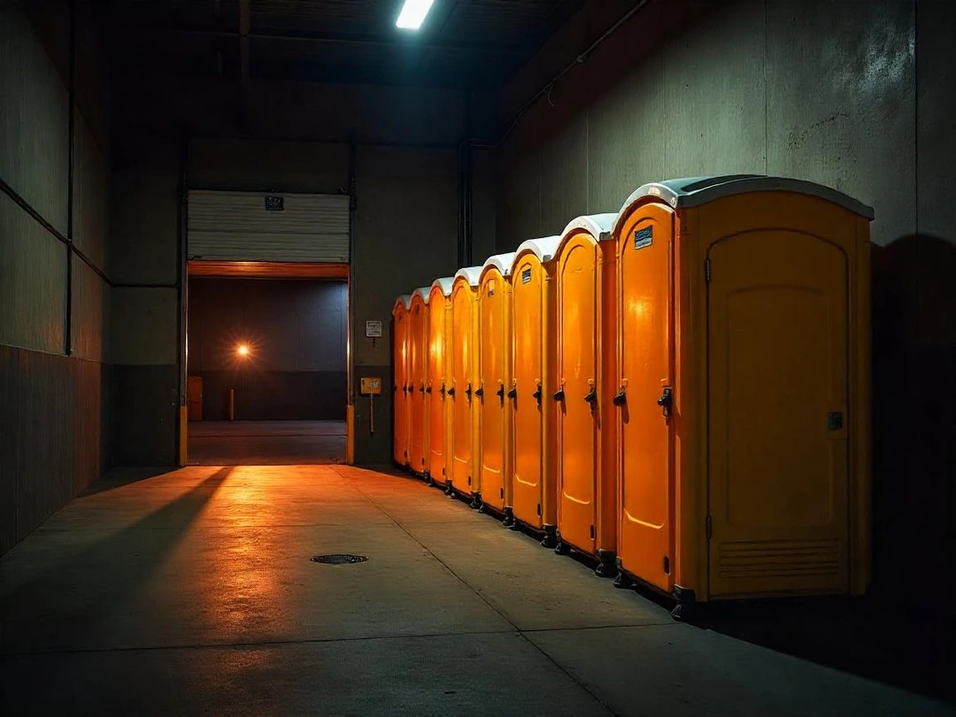 Porta potty units stacked in a warehouse for inventory management
