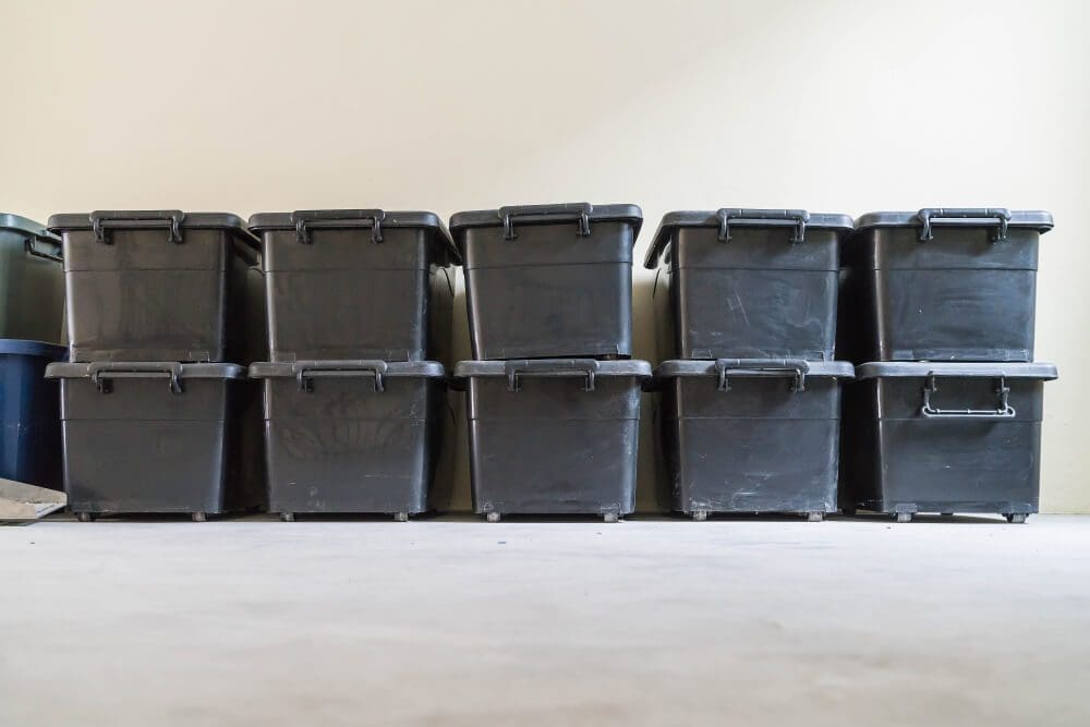Stack of black plastic storage totes for moving totes rental business