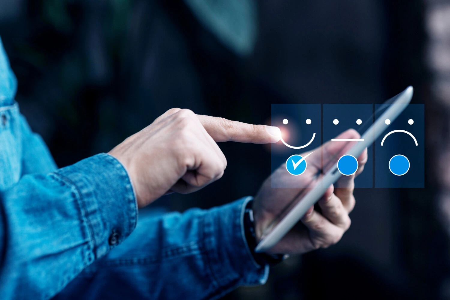 Smiley face on tablet, emphasizing jet ski rental customer service.