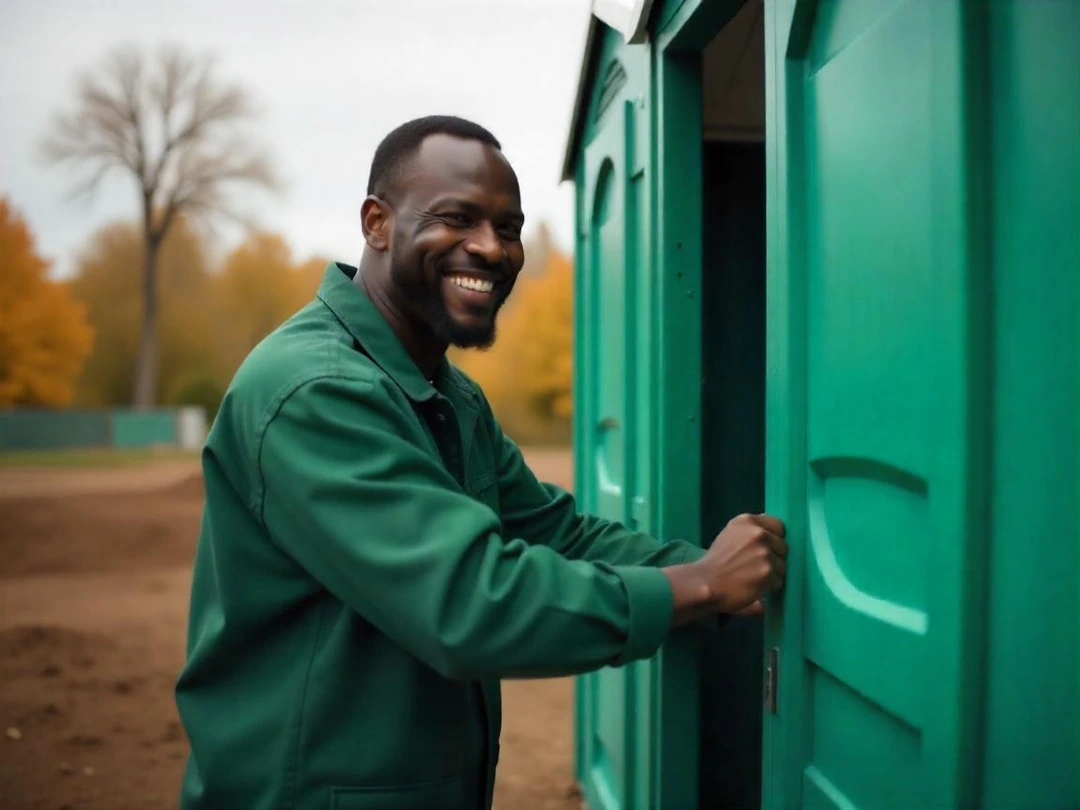 Happy customer opening green porta potty rental unit