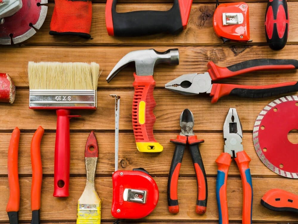 Variety of tools neatly arranged for a tool and equipment rental business