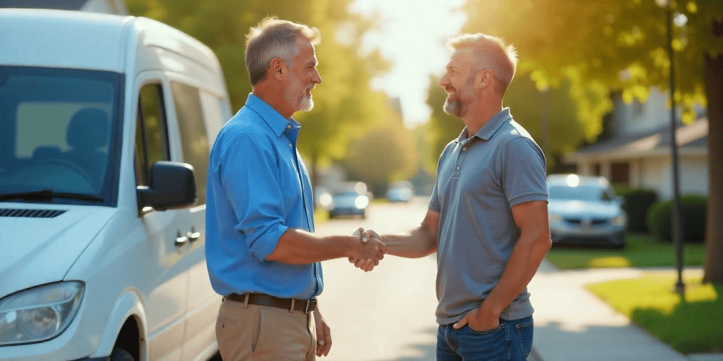 Two men shaking hands beside a van, representing a van rental business partnership.