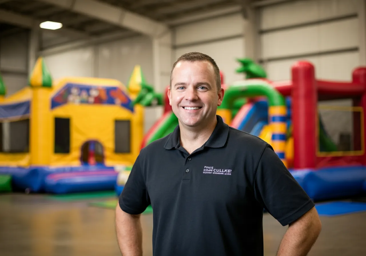 A person standing in front of colorful inflatable bounce houses in an indoor event space.