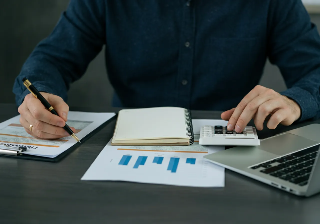 Person calculating finances with a laptop, calculator, notebook, and bar graph documents