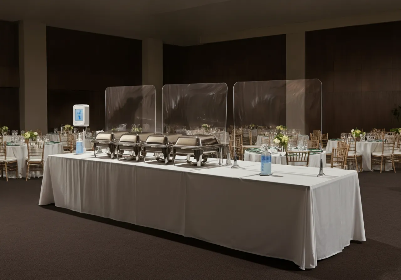 Sanitized event rentals with tables, chairs, linens, hand sanitizer station