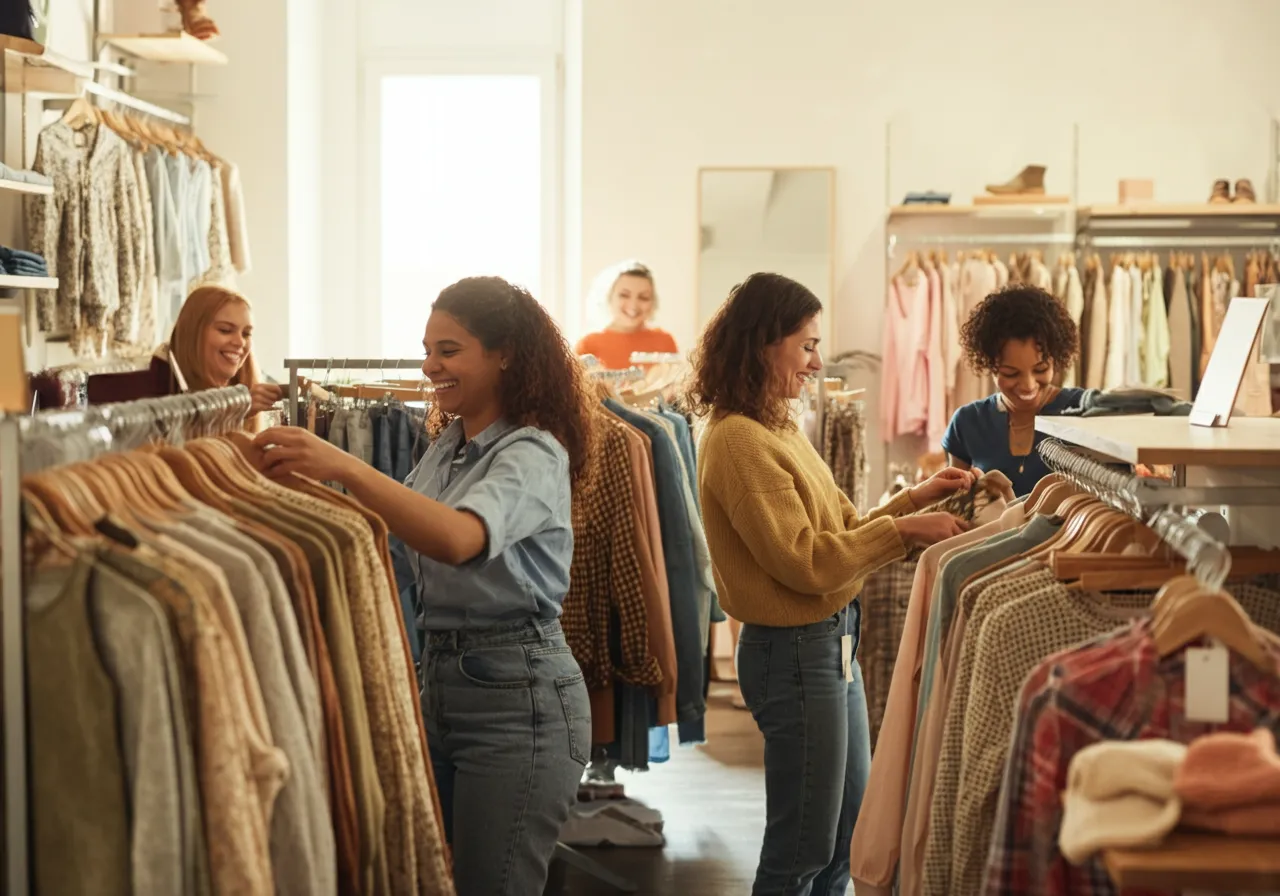 Modern clothing rental store with stylish clothing racks and happy customers