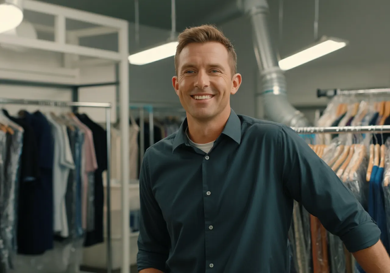 A professional dry cleaning business with a person standing among clothing racks.