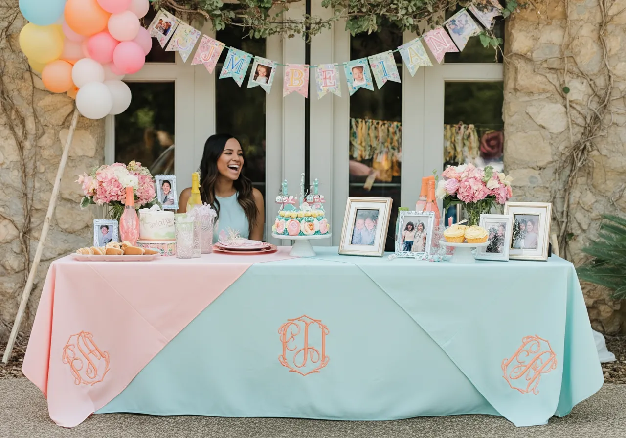 Custom party rentals with monogrammed linens, personalized banners.