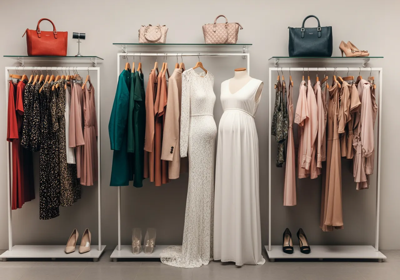 Assorted clothing, shoes, accessories, and maternity wear.