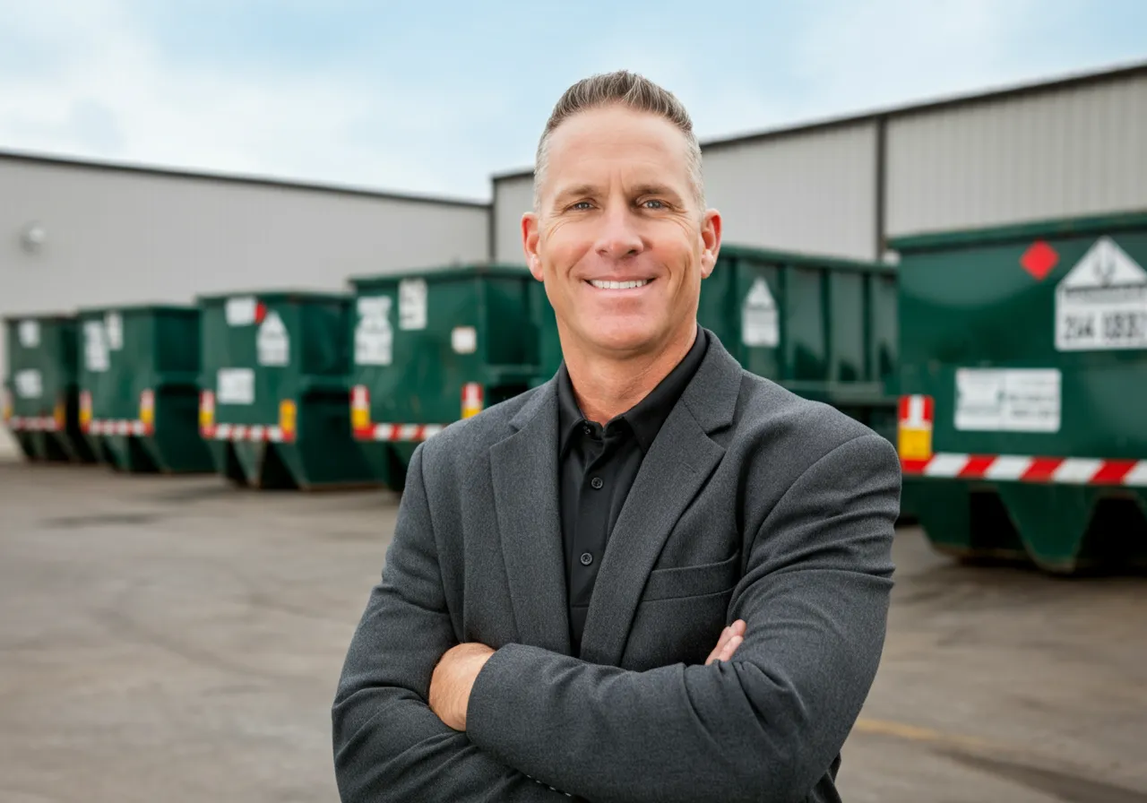A confident professional standing with arms crossed in front of green dumpsters