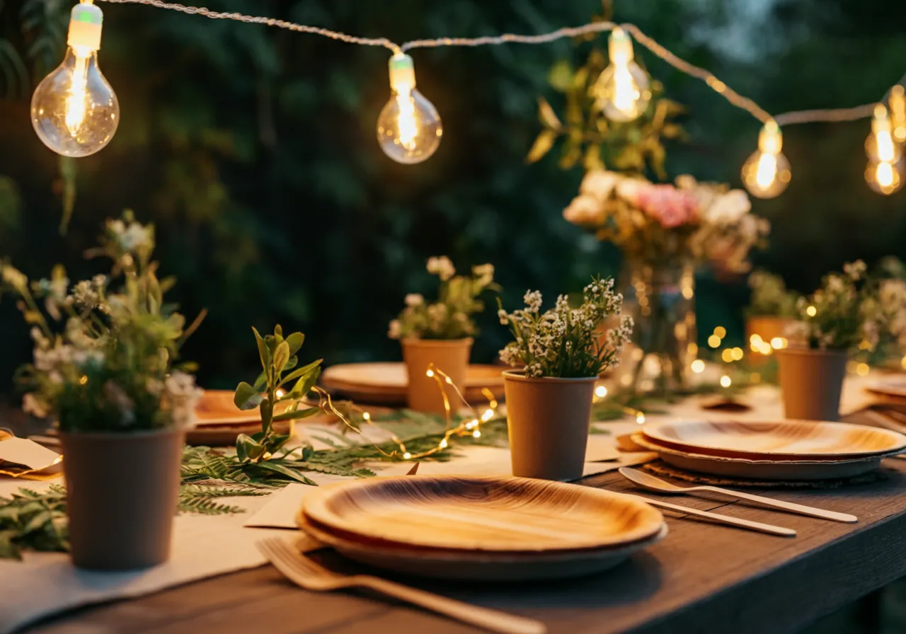 Eco-friendly party with biodegradable plates, reusable cups, recycled decorations.