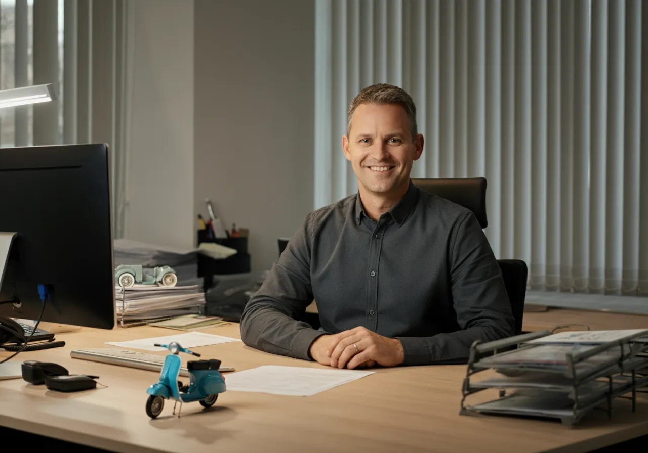 Office desk with a miniature scooter model