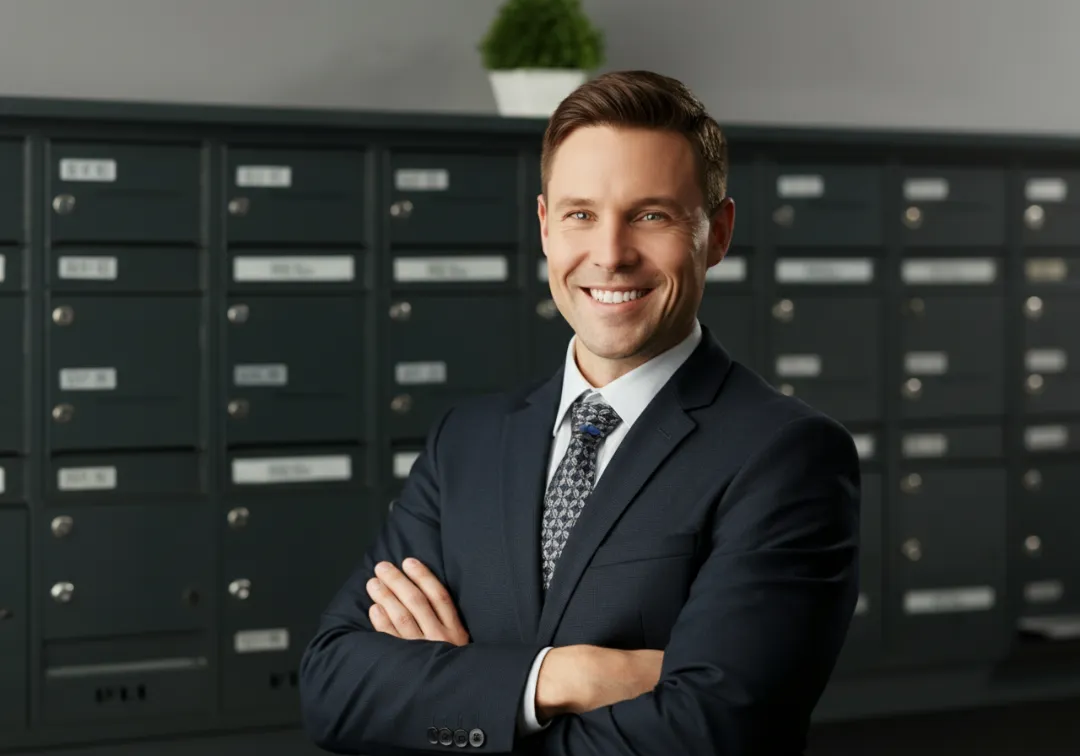 Businessman standing in front of secure rental mailboxes.