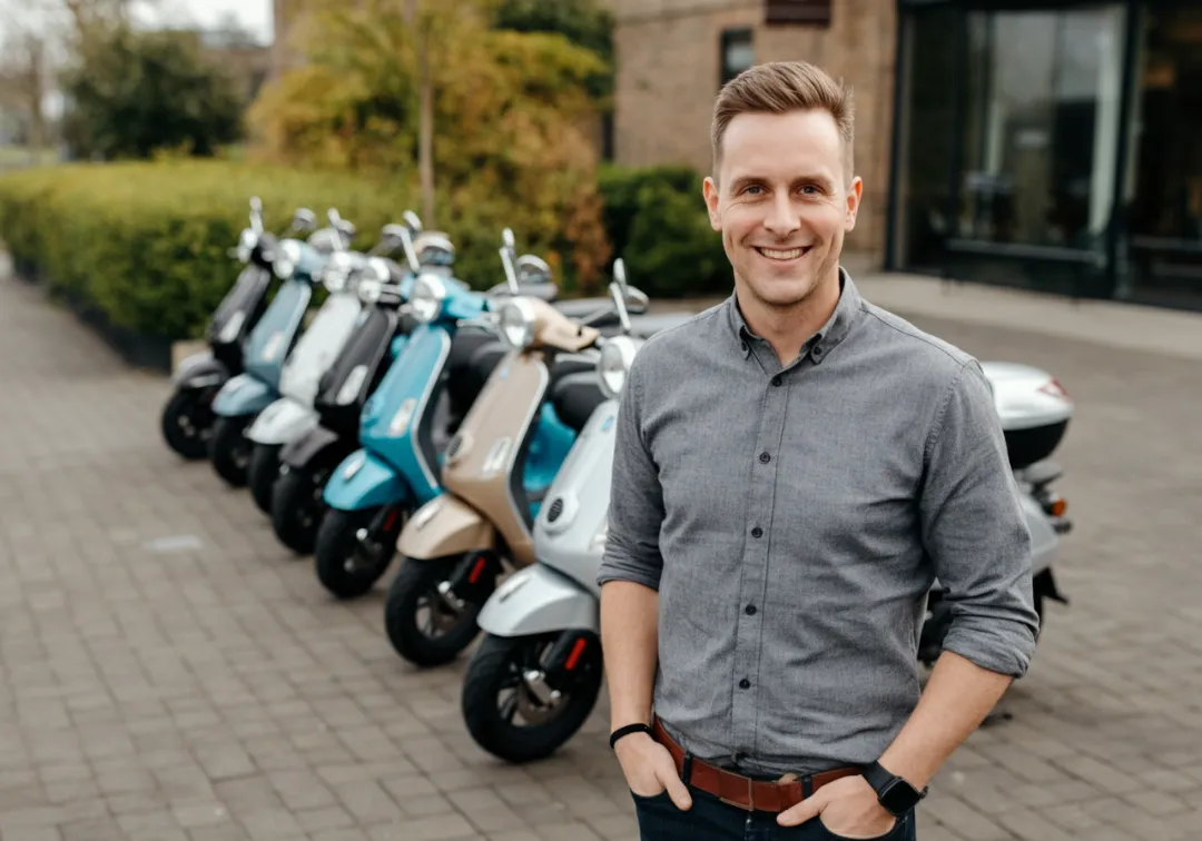 Man standing in front of scooter rental fleet