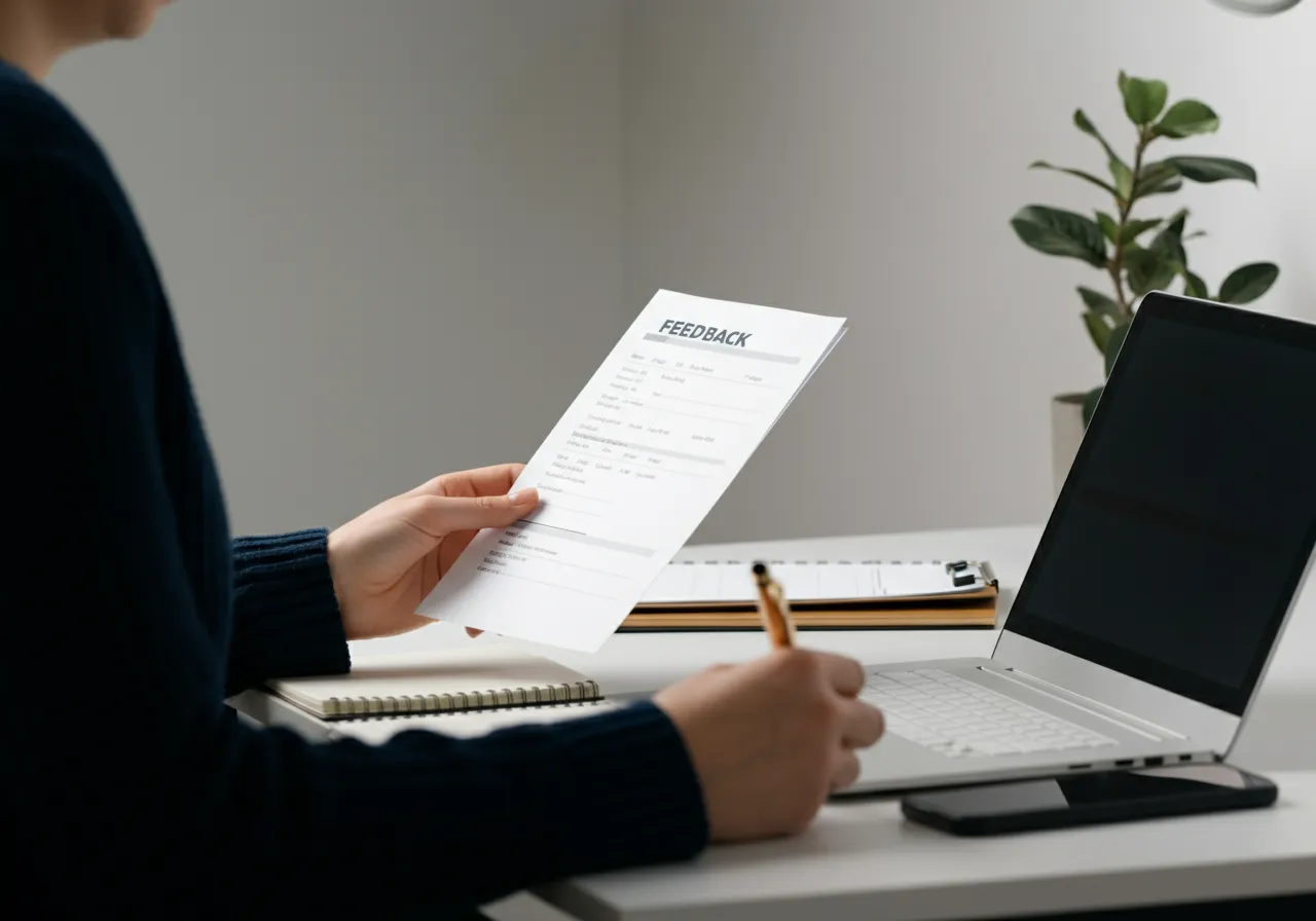 Person reviewing feedback forms to make data-driven decisions