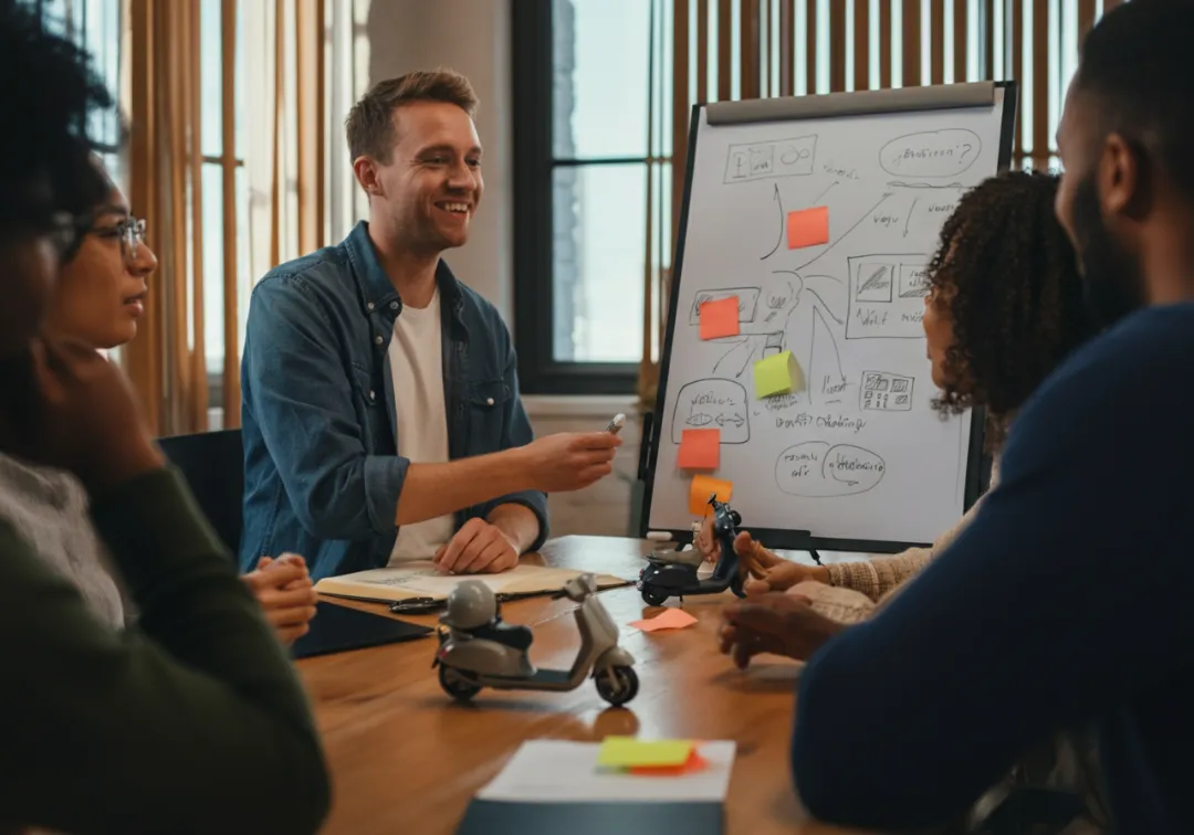 Team brainstorming scooter rental marketing strategies