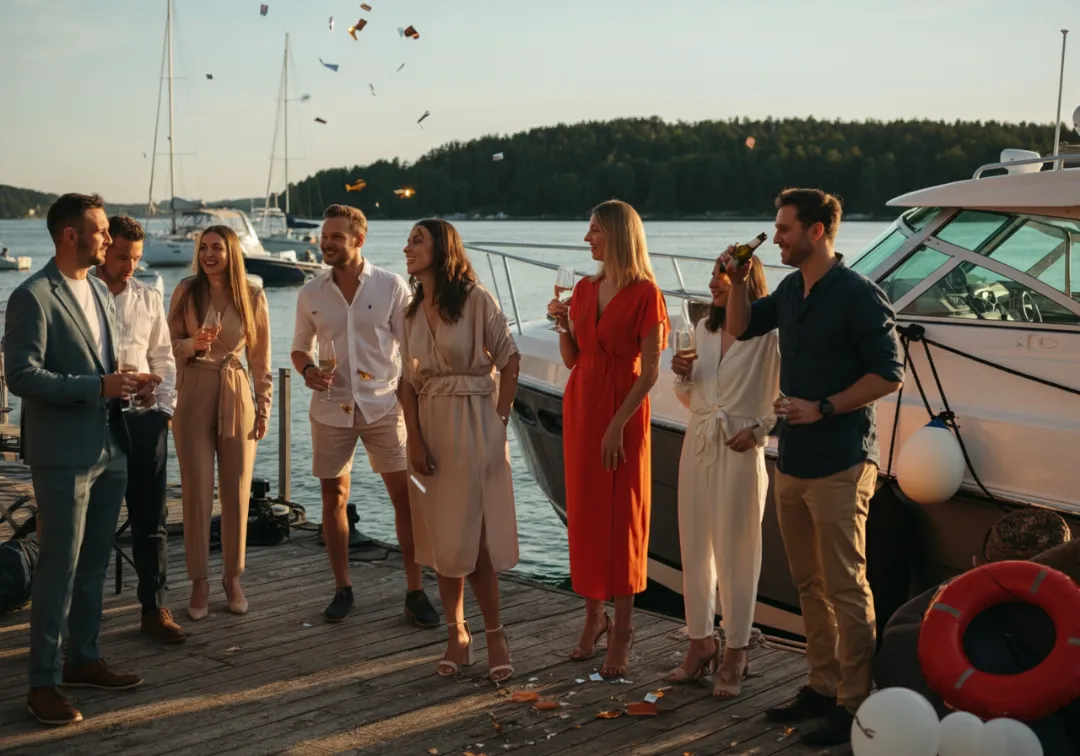 Group celebrating a boat rental company launch party