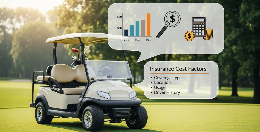 Golf cart with infographic showing insurance cost factors like usage and driver history