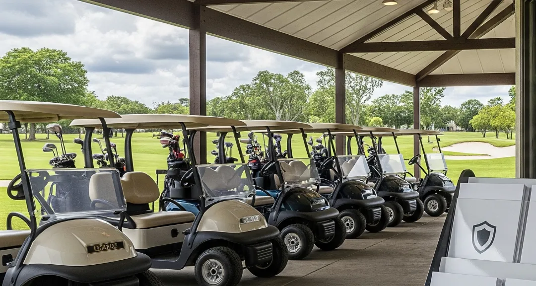 Golf cart fleet under shelter for golf cart rental business insurance context.