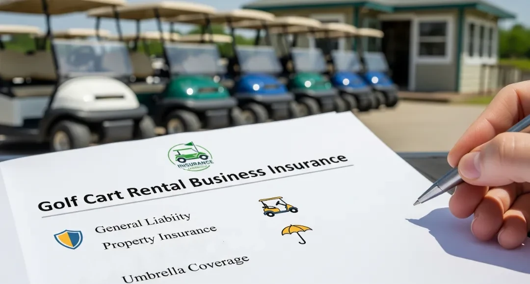 Golf cart rental business insurance checklist form with parked carts in the background