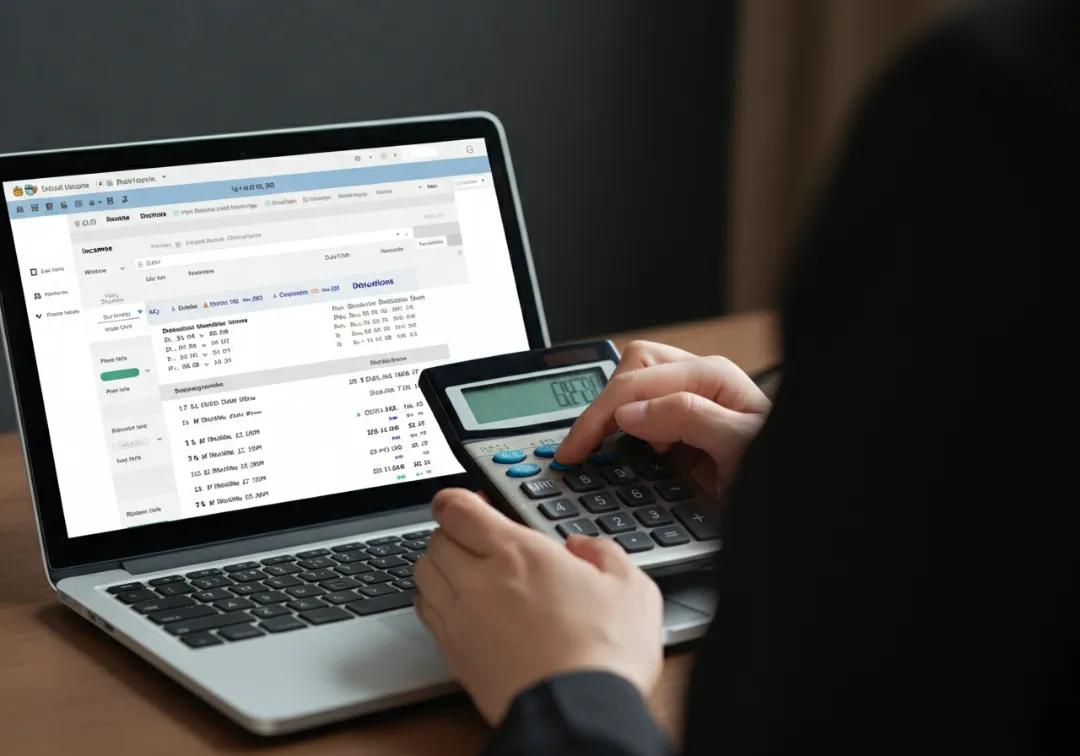 Person calculating rental income taxes on a laptop and a calculator