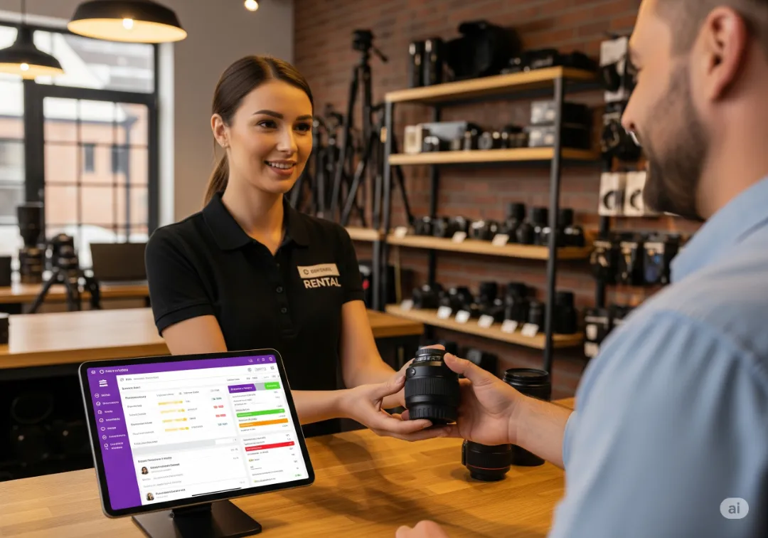 Smiling staff member completing camera rental with POS software