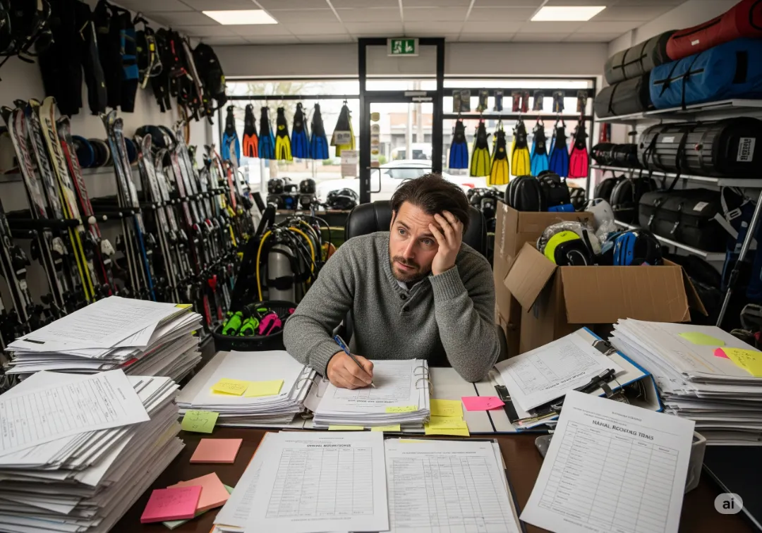 Rental business manager stressed with revenue tracking and inventory paperwork