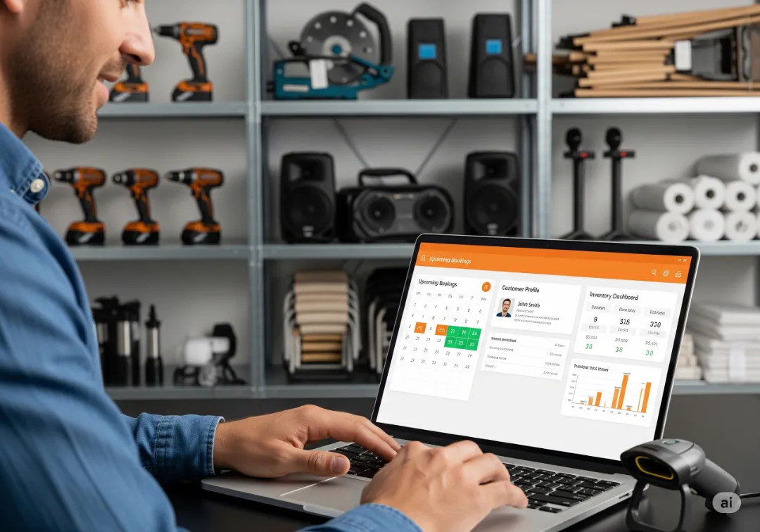 Rental business owner managing bookings on POS system dashboard
