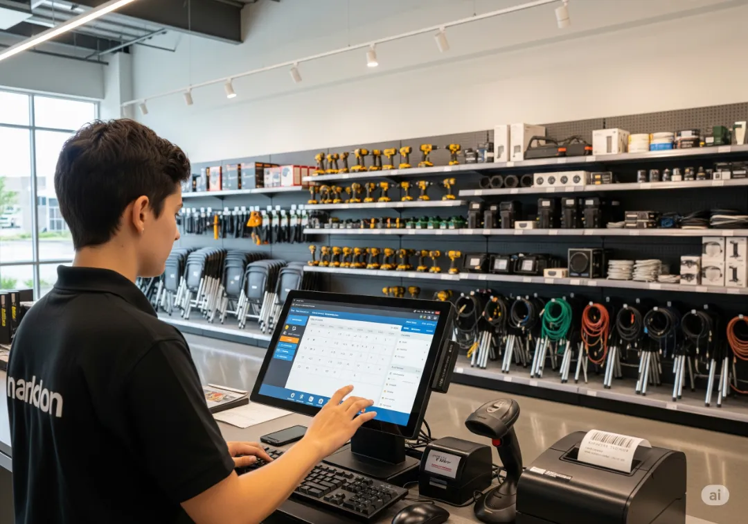 Rental business employee using a POS system for inventory and sales tracking