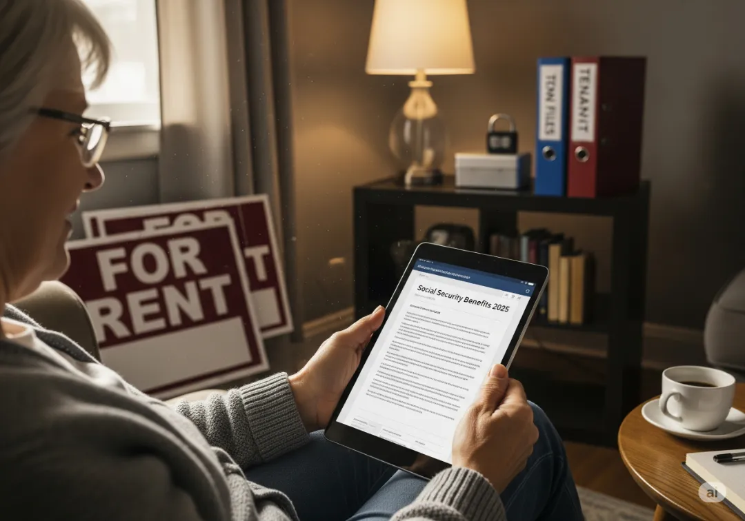 Person reviewing Social Security info with For Rent signs in the background