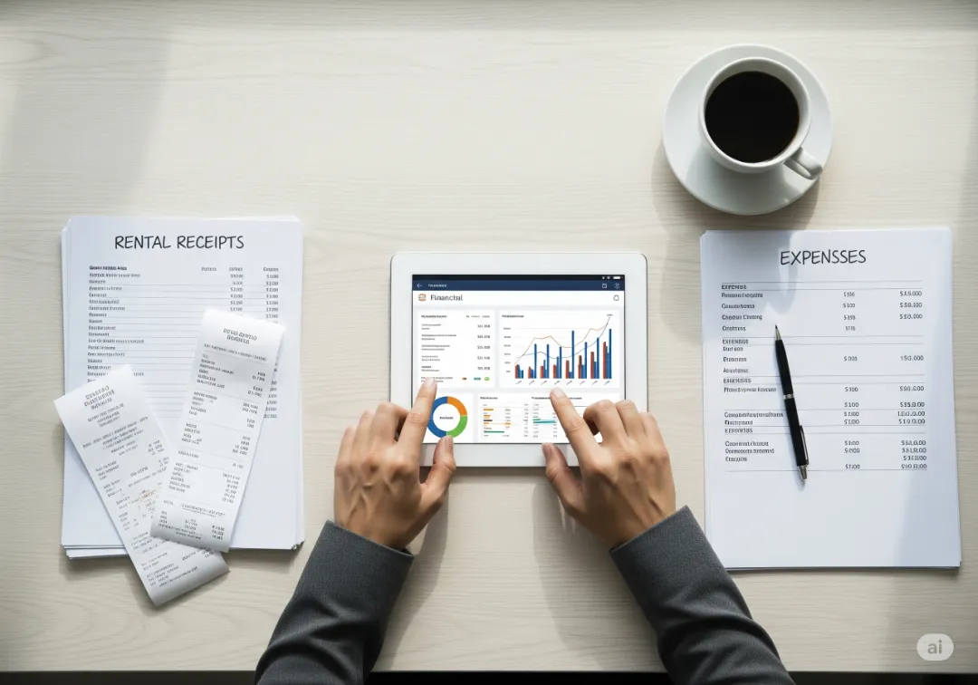 Person analyzing rental income and expenses on a tablet for tax calculation
