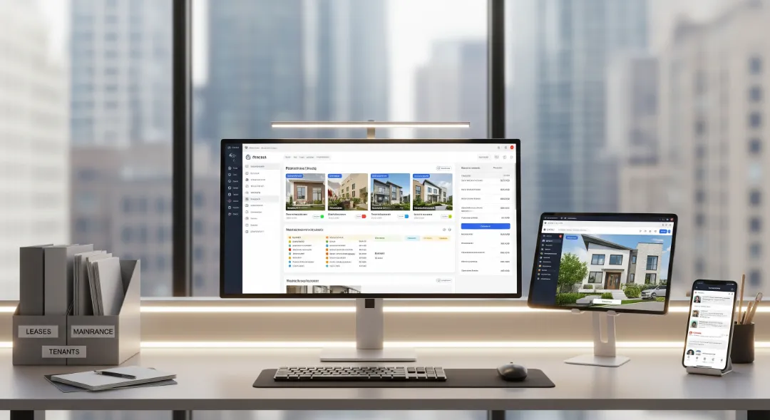 Rental business software dashboard on desktop, tablet, and mobile