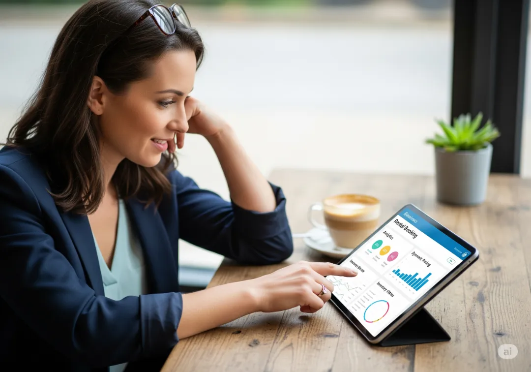 Woman analyzing rental business revenue data on tablet with revenue-focused POS system