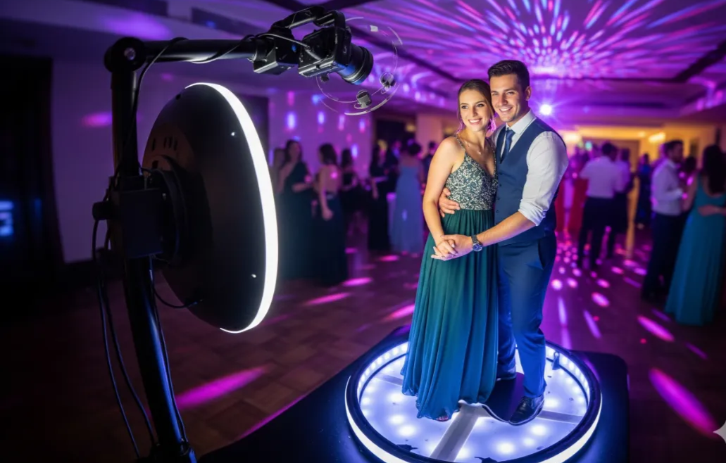 Couple using a 360 photo booth on a dance floor with vibrant purple lighting