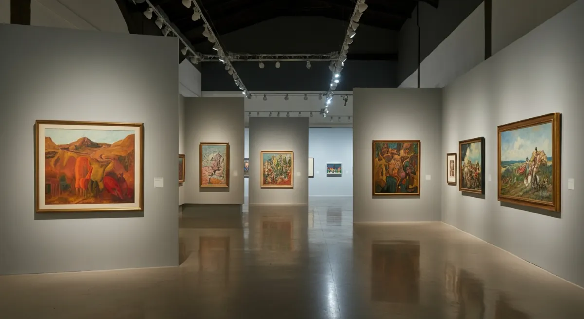 Art gallery showcasing vibrant paintings in a well-lit exhibition space.
