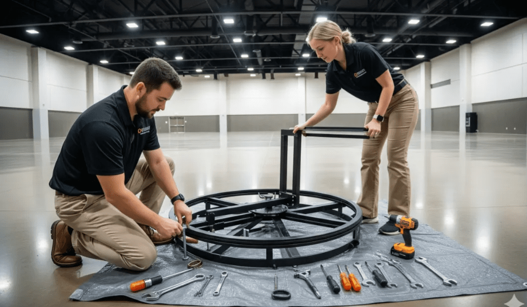 Two crew members setting up a 360 photo booth platform during event preparation
