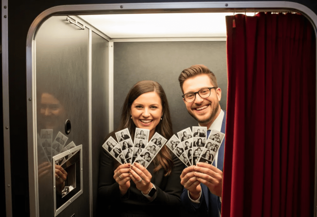 Two people posing inside a traditional photo booth showing printed photo strips