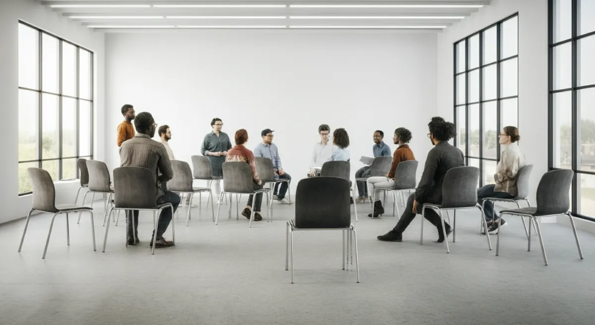 Community center space with a group seated for a meeting or workshop.