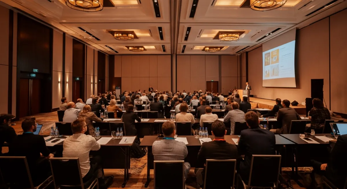 Conference venue with audience attending a business presentation.