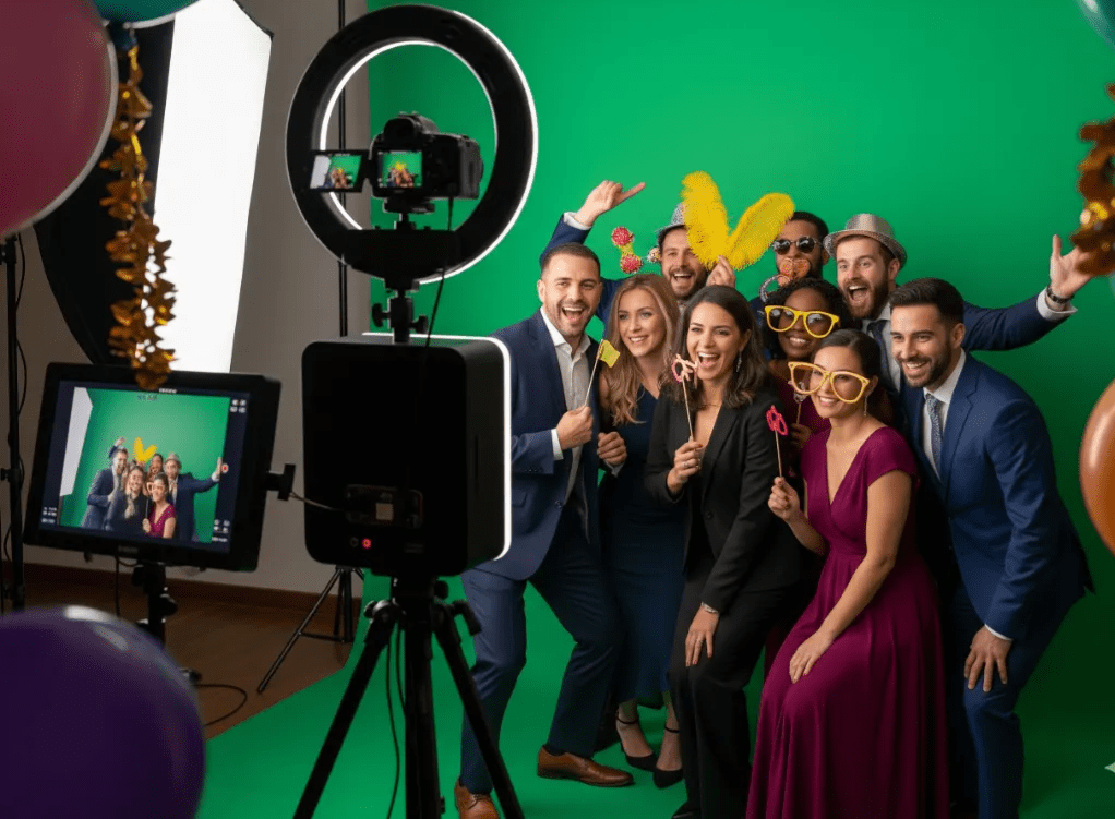 Group posing with props in front of a green screen photo booth