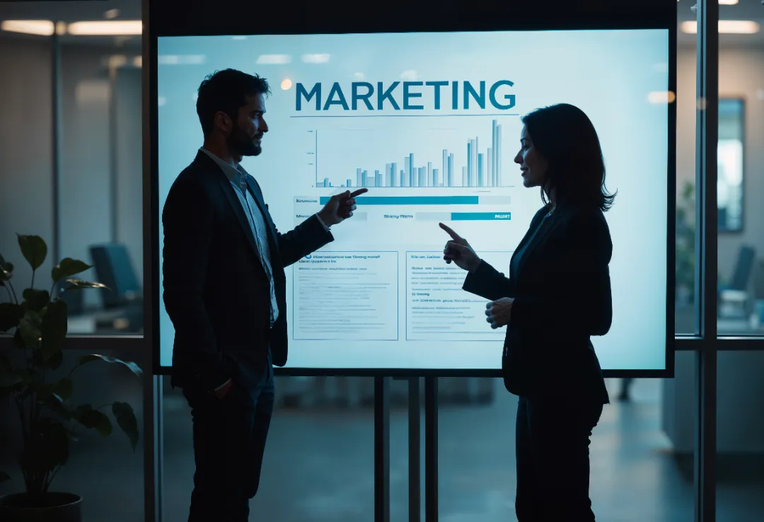 Two business professionals discussing marketing strategies for a startup rental company