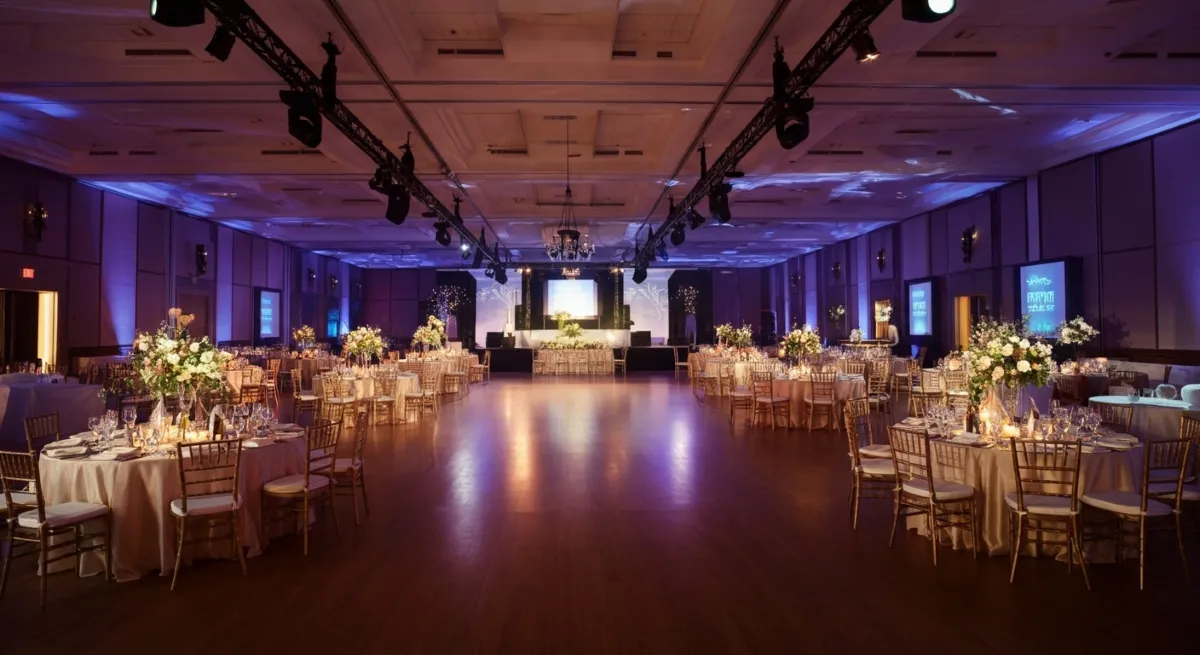 Event hall with beautifully arranged tables and lighting for elegant venue rentals