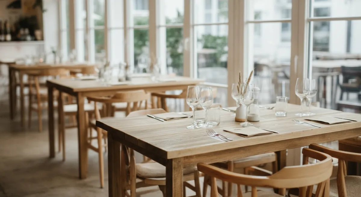 Spacious venue with wooden tables for event rentals.