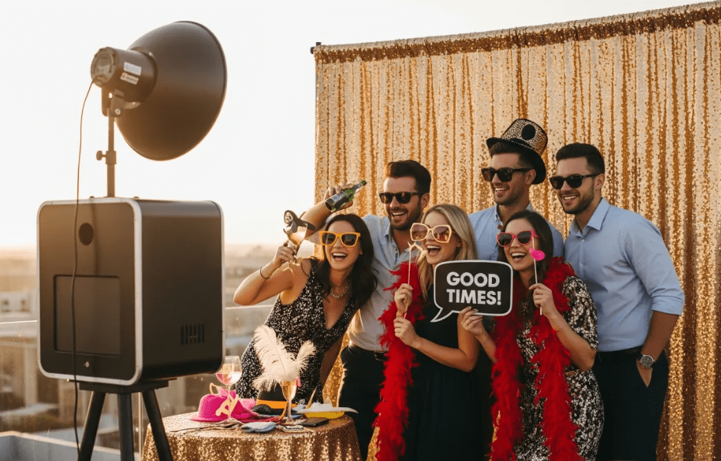 Group of friends posing at an open-air photo booth with props and a gold sequin backdrop