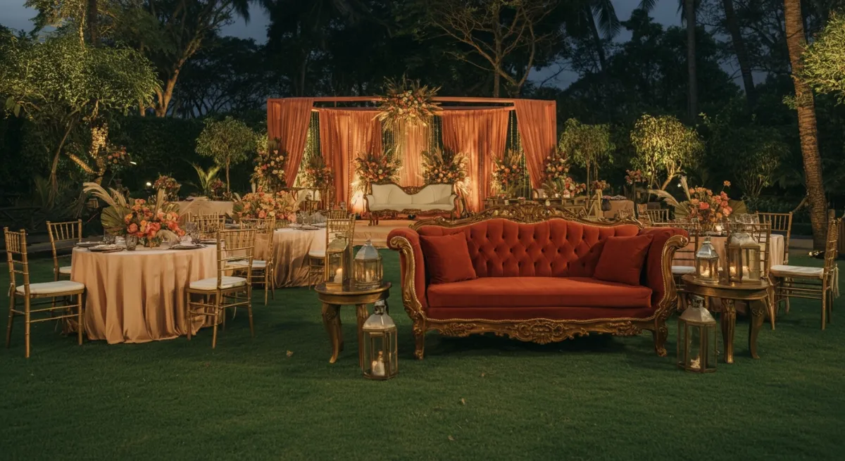 Outdoor event venue with elegant tables and floral decor.